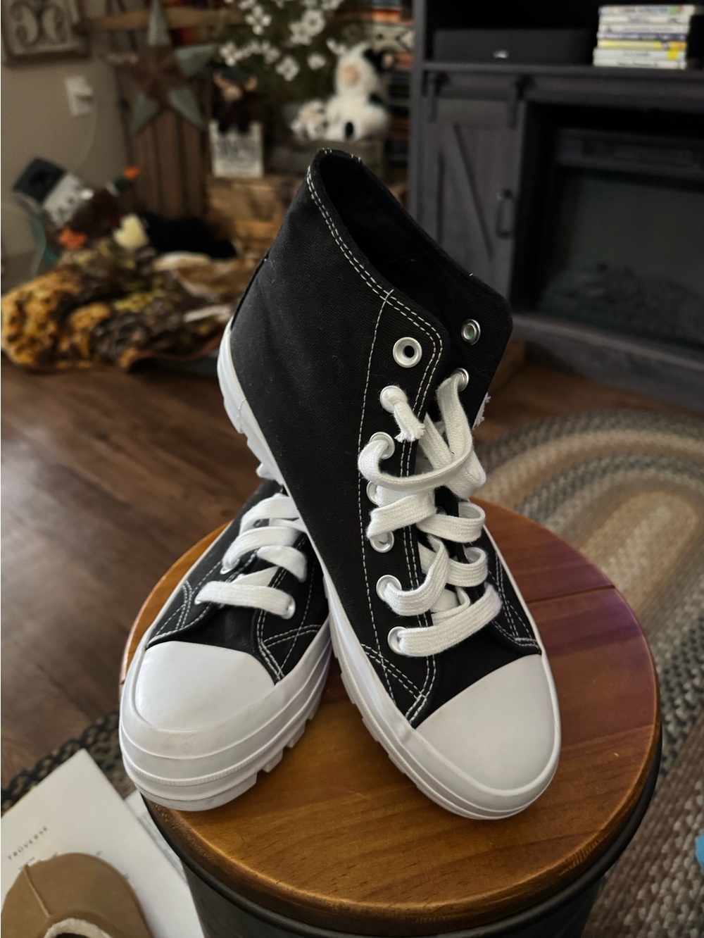 Womens Black High-Top Canvas Sneakers with White Trim